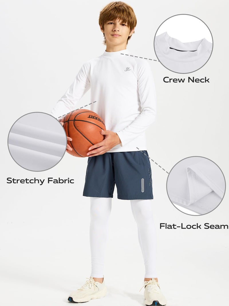 DEVOROPA Youth Boys Compression Thermal Shirts Long Sleeve Undershirt Fleece Baselayer Mock Top White L - Image 5